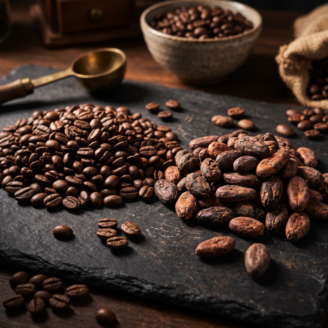Coffee and cocoa beans on a dark slate surface