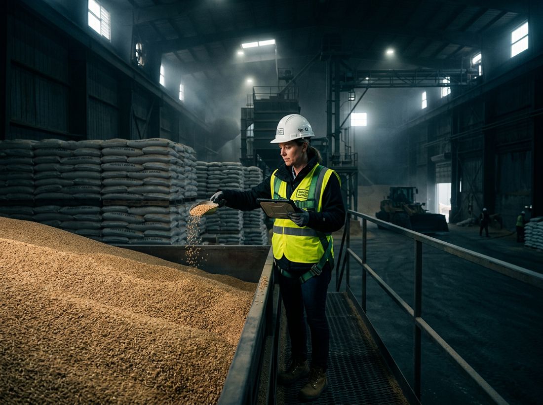 Inspector checking bulk grain quality in a warehouse